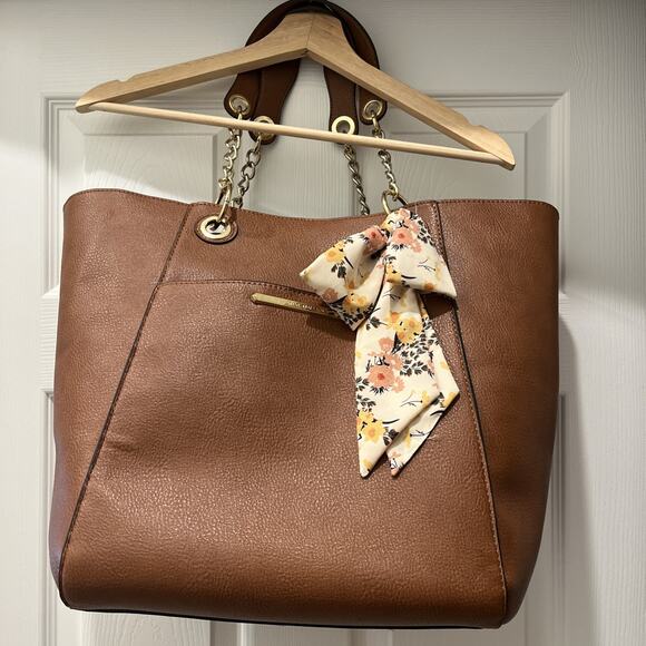 Steve Madden Womens Faux Leather Brown Flat Tote Hobo Large Purse Bag Flowers - Picture 5 of 9